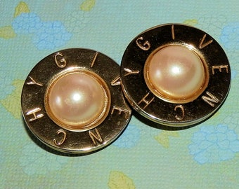 Vintage Givenchy Logo Earrings Clip Style with Cabochon Pearl, Designer Earrings