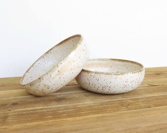 Rustic Pottery Stoneware Soup Bowls in Satin Oatmeal Glaze - Set of 2