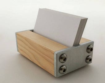 Business Card Holder for Desk Wood and Metal, Modern Office Decor, Choice of Dark Wood, Light Wood, Industrial