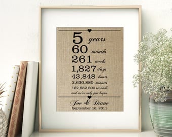 5th Wedding Anniversary Gift for Wife Husband | 5 Years Together | Years Months Weeks Days Hours Minutes Seconds | Personalized Burlap Print