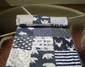 Baby quilt, crib quilt, crib bedding, baby bedding quilt, woodland, arrow, rustic, grey, navy, moose, deer, bear, toddler, Woodsy Silhouette