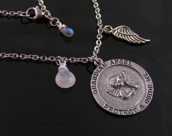Guardian Angel Necklace with Birthstone, Protection Necklace, Protection Jewelry, Birthstone Necklace, Birthstone Jewelry, N1249w