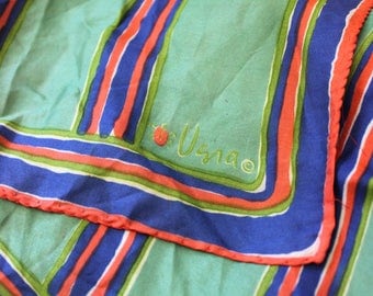 Mod Vera scarf in red, green and blue, 1970s square with ladybug logo.