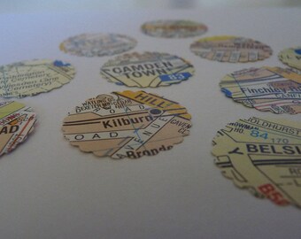 London locations - map circle stickers or envelope seals OOAK 38mm diameter