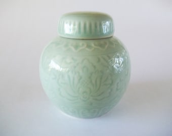 Celadon Chinese Ginger Jar, Zhongguo Longquan Asian Decor, Green Lotus Blossom, China, 1970s-1980s