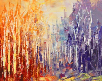 Landscape painting palette knife original forest art birch aspen trees woodland small - WIZARD'S WOODS - by Tatiana Iliina - free shipping