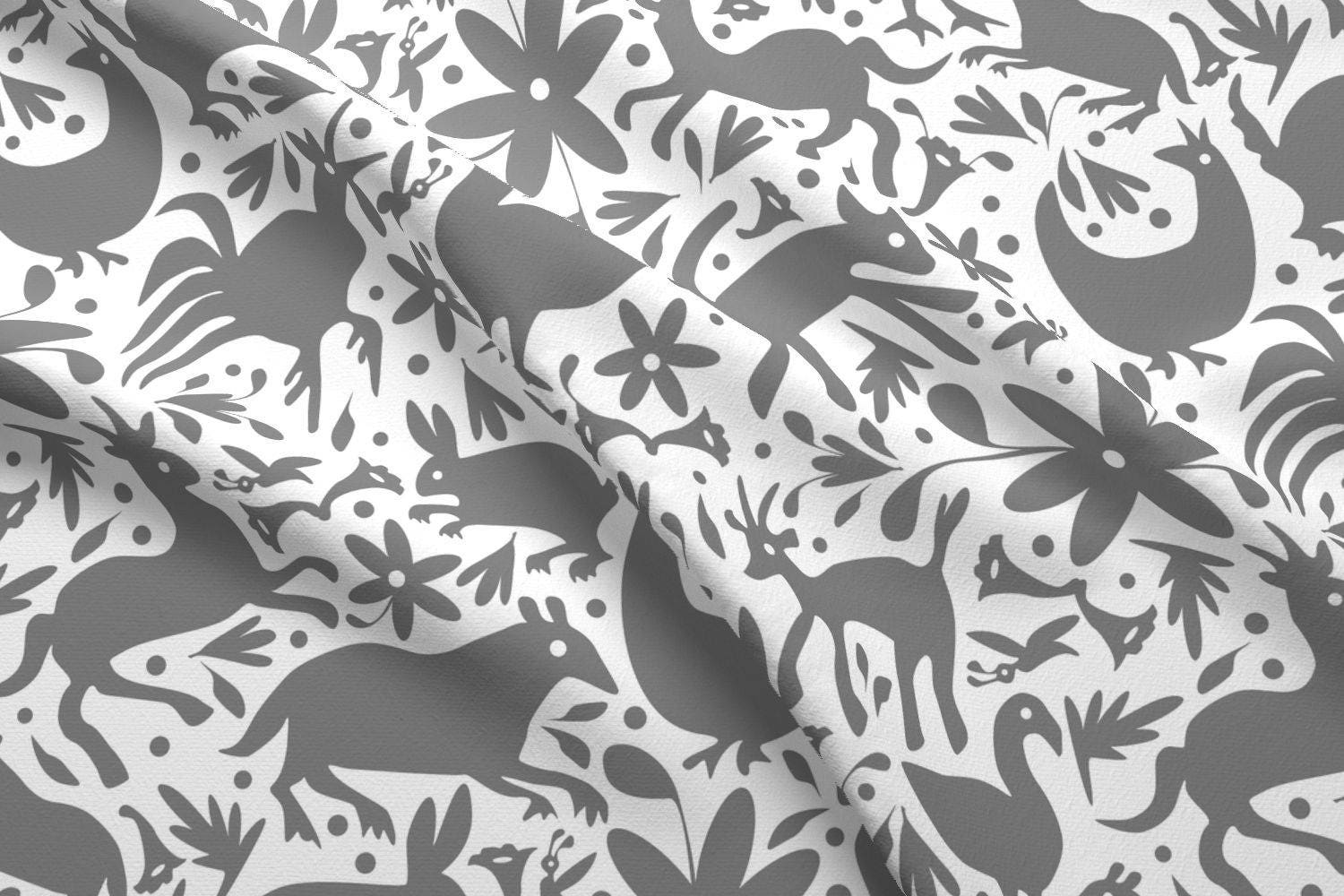 Grey Festive Otomi Fabric Mexico Springtime Grey On White (Large