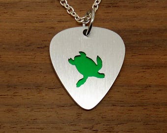 Turtle Necklace, Sea Turtle, Green Turtle, Turtle Pendant, Guitar Pick Pendant, Anodized, Keychain, Keyring, Charm Necklace, Music Jewelry