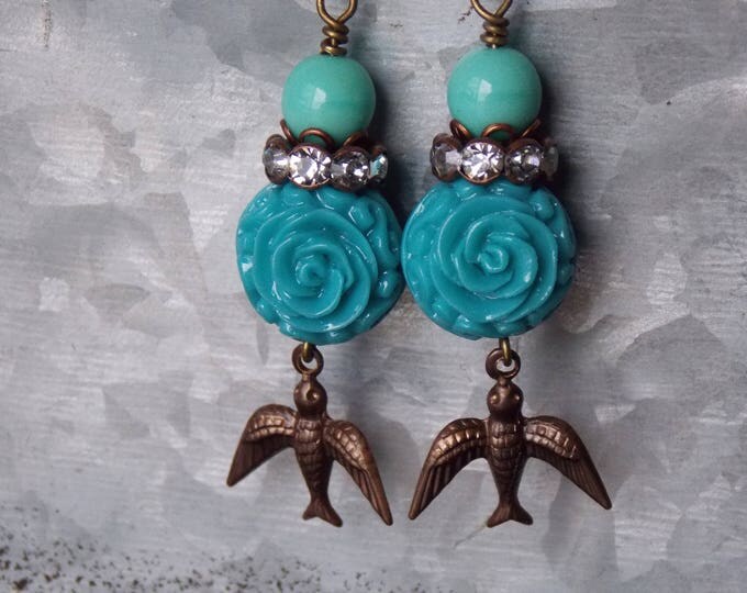 Romantic Sparrow Earrings Turquoise Flower Rose Bird Brass Dangle Earrings Victorian Style Swallow Bird Czech Glass Boho Rhinestone Jewelry