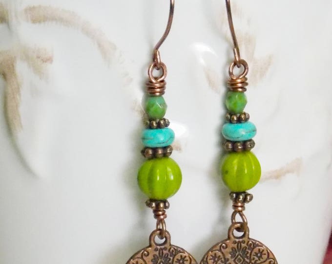 Copper Dangle Charm Earrings Turquoise Blue Green Czech Glass Bead Earrings Long Rustic Oxidized Copper Boho Earthy Woodland Jewelry Gift