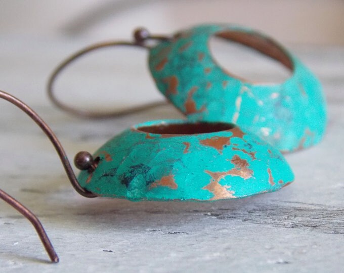 Copper Disk Earrings Patina Blue Distressed Bohemian Boho Minimalists Rustic Drop Circle Forged Earrings