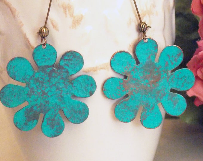 Verdigris Patina Brass Flower Earrings-Textured Blue Dangle Drop Bohemian Earrings -Daisy Earrings-Boho Earrings-Rustic Woodland Earrings