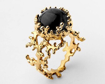 CORAL 14k Gold Onyx Ring, Black Onyx Engagement Ring, Unique Gold Ring, Yellow Gold Gemstone Ring, Organic Gold Statement Ring
