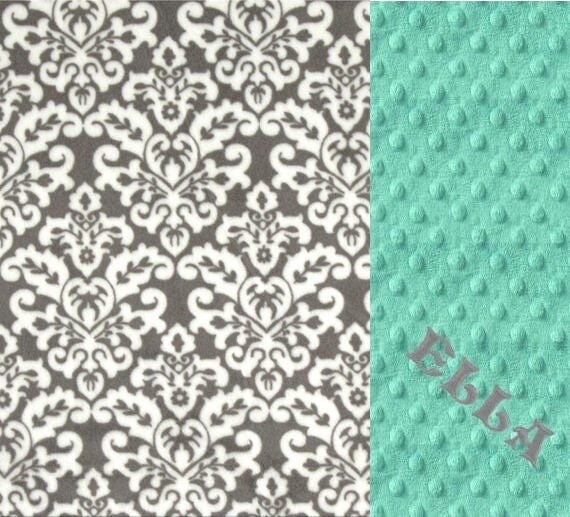 Minky Baby Blanket, Personalized Damask White Mint Gray Girl - Nursery Decor Girl // Name Baby Blanket // Baby Gift / Damask Blanket