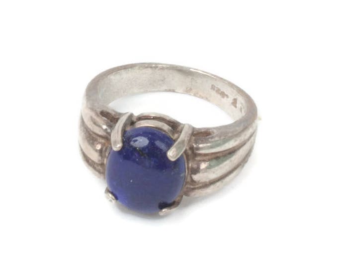 Simulated Lapis Cabochon Sterling Modernist Ring Size 7