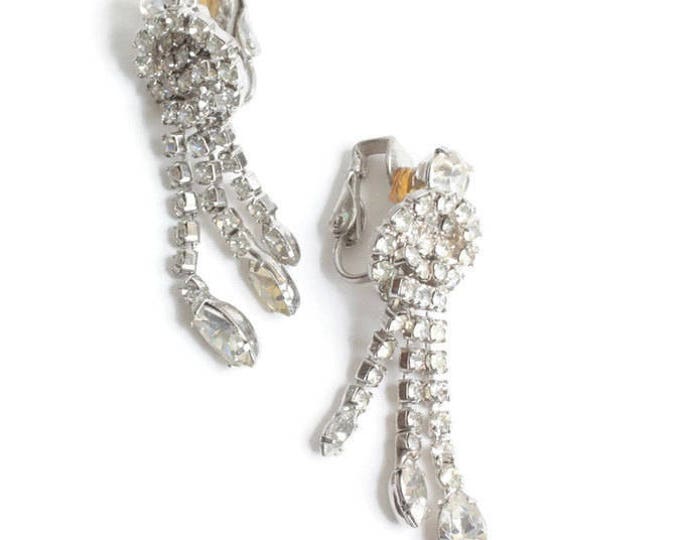 Clear Rhinestone Dangle Earrings Circle Top Three Dangles Crystals Clip On Style Bridal Vintage