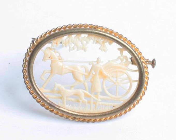 Carved Celluloid Oval Brooch Silhouette Horse and Buggy Woman with Dog Vintage