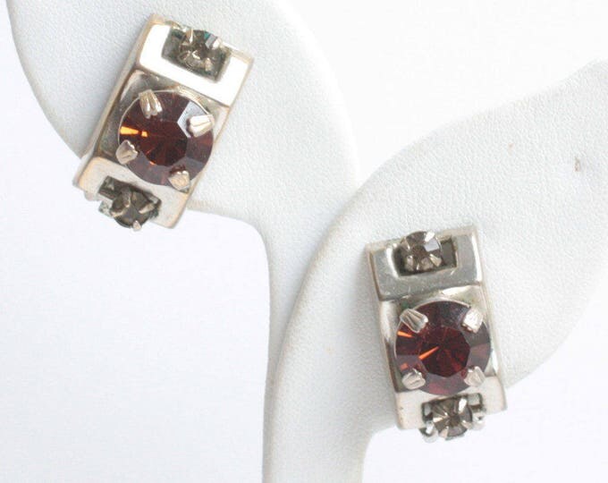 Amber Topaz and Clear Rhinestone Earrings Silver Tone Chunky Bold Clip On Vintage
