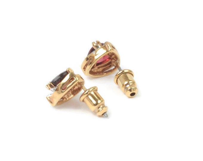 Garnet Stud Earrings Trillion Cut Diamond Accent Vintage