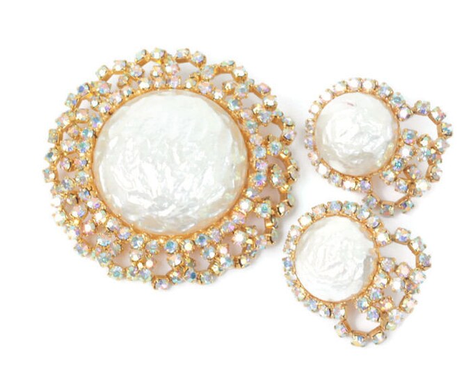 Faux Pearl and AB Rhinestone Brooch and Earrings Vintage Set