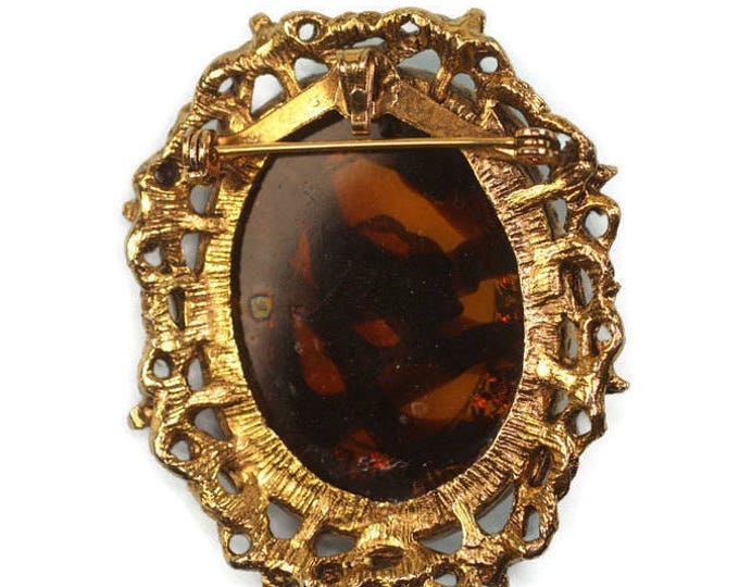 Gold Rose Cameo Brooch Pendant Faux Tortoiseshell Vintage