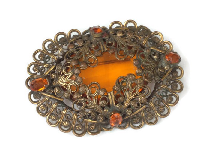 Czech Topaz Glass Filigree Brooch Oval Shape