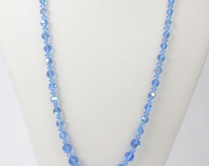 Blue AB Crystal Necklace Faceted Graduated Size Beads 30 Inches Long