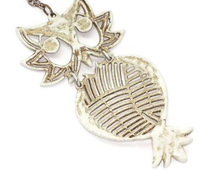 Enameled Owl Pendant Necklace Hinged Articulated Off White Enamel Boho 1970s