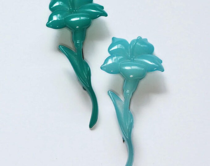 Teal and Turquoise Flower Brooches Buch and Deichmann Denmark Thermoplastic Vintage