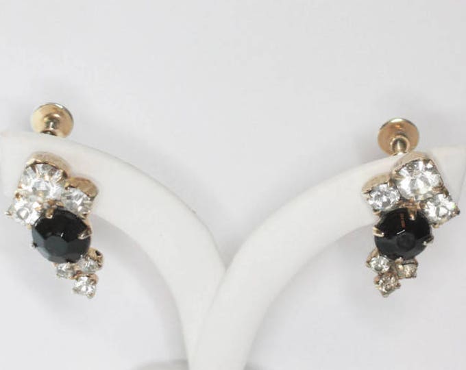 Black and Clear Rhinestone Earrings Screw Back Vintage 1950s