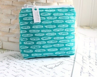 Small Coin Purse Change Purse Card Holder Teal Feathers Blue Zipper Pouch