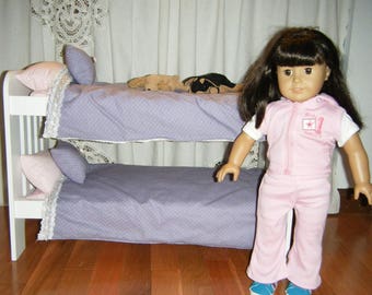 Wood Doll Bunk Bed Includes Reversible Quilt, Pillows, sock monkey AG Homework fits American Girl or up to 22 inch Dolls Doll Furniture
