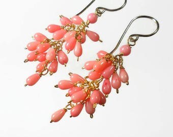 Pink Coral Earrings Coral Pink Earrings Pink Cluster Earrings Pink Cascade Earrings Gold Filled
