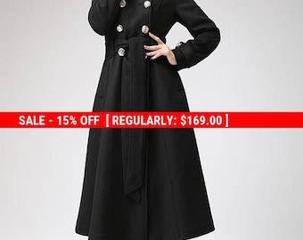 hooded coat, wool coat, long coat, black coat, double breasted coat, casual coat, winter jacket, outwear dress, womens overcoat (707)