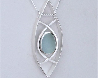 Sea Glass Jewelry - Sterling Blue Sea Glass Necklace