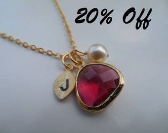 20% Off - July Birthstone Necklace, Ruby necklace, Gold or Silver Necklace, Initial Leaf, Jewel,Pearl, Bridesmaid Gift, Birthday Gift