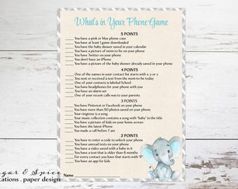 Whats In Your Phone Game, Watercolor Baby Elephant Baby Shower Game Printable Baby Shower Games Boy -Instant Download