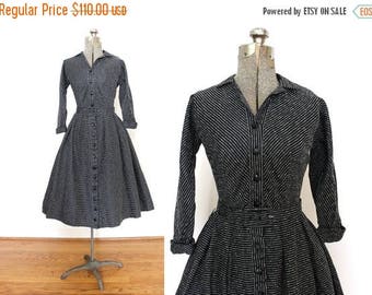 ON SALE 1950s Dress / Black Striped 50s Dress / 50s Full Skirt Shirtwaist Cocktail Dress