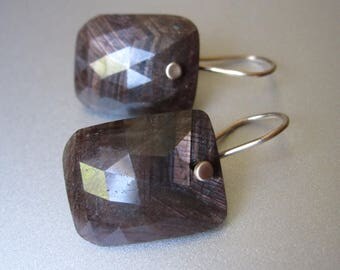Rose Cut Chocolate Sapphire Cushion Drops Solid 14k Gold Earrings