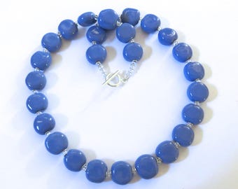 Kazuri Beaded Necklace, Fair Trade, French Blue Ceramic Necklace