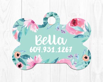 Puppy Tag Personalized Dog Tag for Dogs Custom Dog Tag Dog ID tag Cute Collar Tag for Dog Pet Tag Floral Pet ID Tag Dog Collar Tag Mint