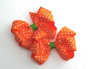Halloween Hair Bows, Orange Pigtail Hair Bows, Pumpkin Hair Bows, Toddler Girls Twin Hair Bows
