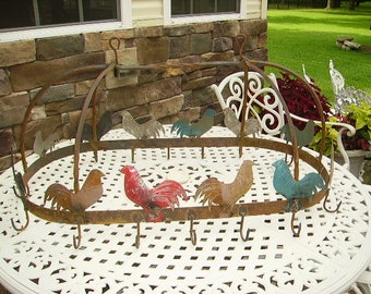 Shabby Rusty Chippy Farmhouse Roosters Iron Pot Hanging Rack/Farmhouse Decor/Farmhouse Kitchen