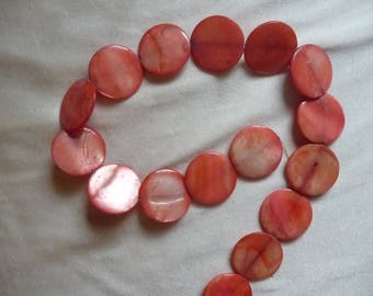Beads, Mother of Pearl, 25mm Coral Flat Round Coin, Sold per 15 inch strand. There are 16 beads on the strand.