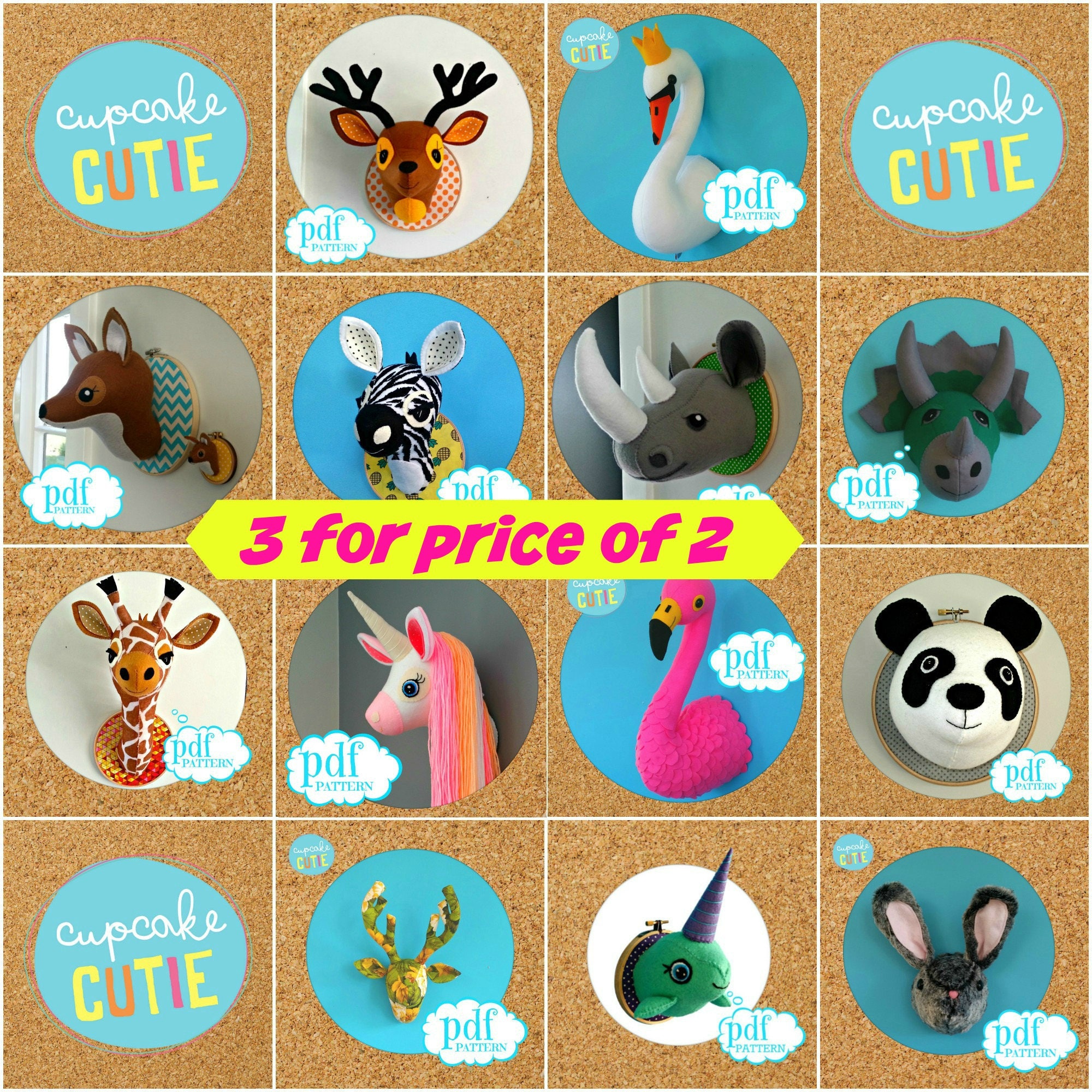 Animal head sewing pattern. Faux taxidermy PDF deal 3 for