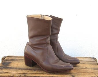 20% Off Sale Vintage Handmade Distressed Brown Leather Heeled Zip Up Chelsea Boots Ladies Size 8, Mens 6