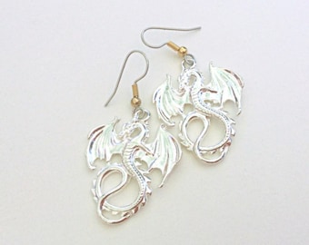Silver Dragon Earrings, Serpent Dangles, Fantasy Jewelry, Silver Dragon Ear Jewelry, Medieval Flying Dragons
