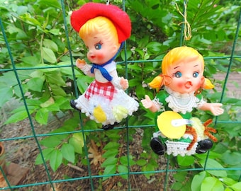 Mother Goose. 1960s. Nursery Rhyme. Ornaments. Little Miss Muffet. Spider. Mary Had Little. Lamb. Christmas. flocked. decorations. blow mold