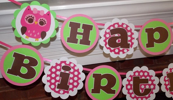 Owl Birthday Banner READY To SHiP Lime Brown Pink Owl Happy Birthday Decoration Enchanted Forest Birthday Look Whooo's Two Birthday Party Il_570xn