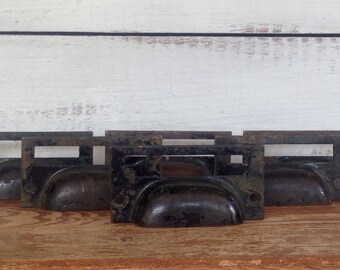 Vintage Antique Set of 6 Brass Cupped Nameplate Apothecary Drawer Pills or Knobs